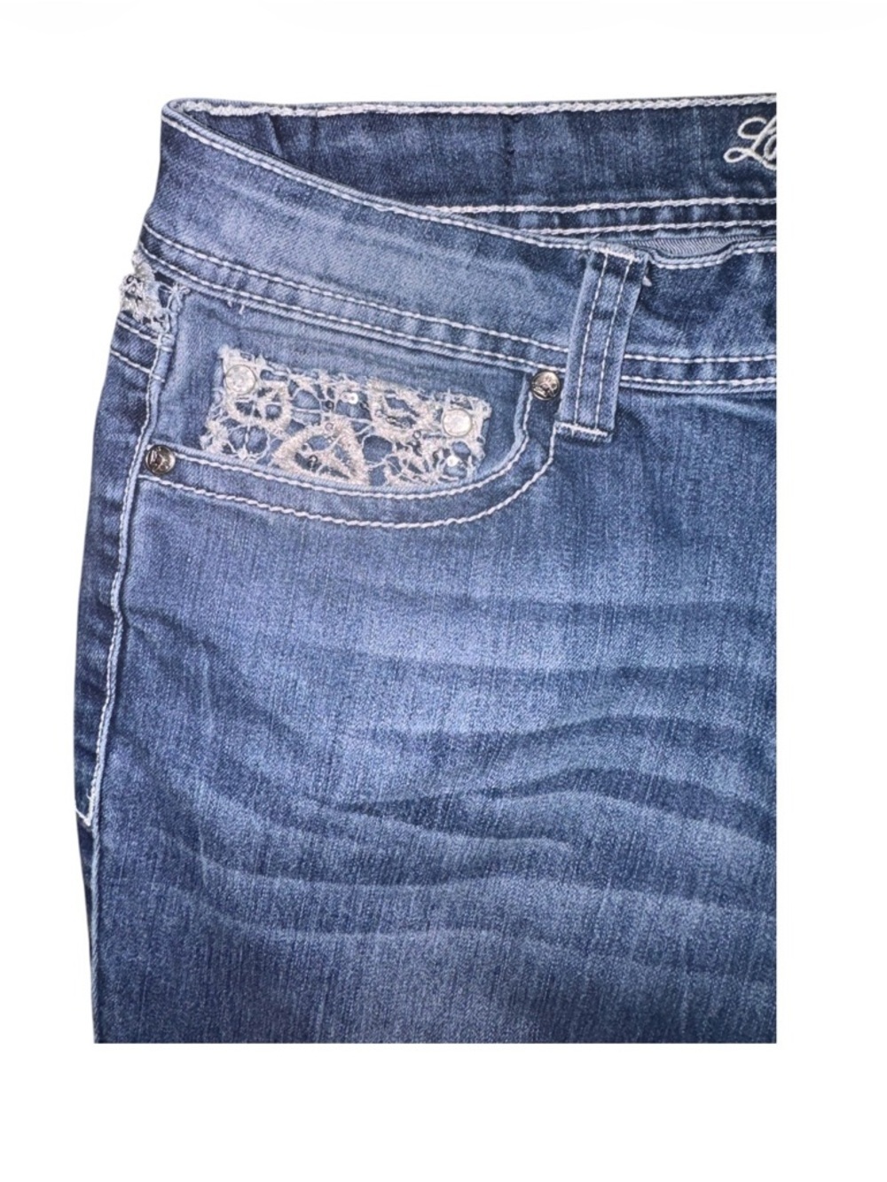 Love Indigo bootcut denim jeans WOMENS embellished western boho lace medium wash - Picture 3 of 9